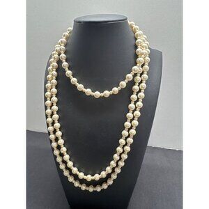 Vintage Faux Pearl 58" Necklace With Filigree Clasp Opera Ivory Color Long